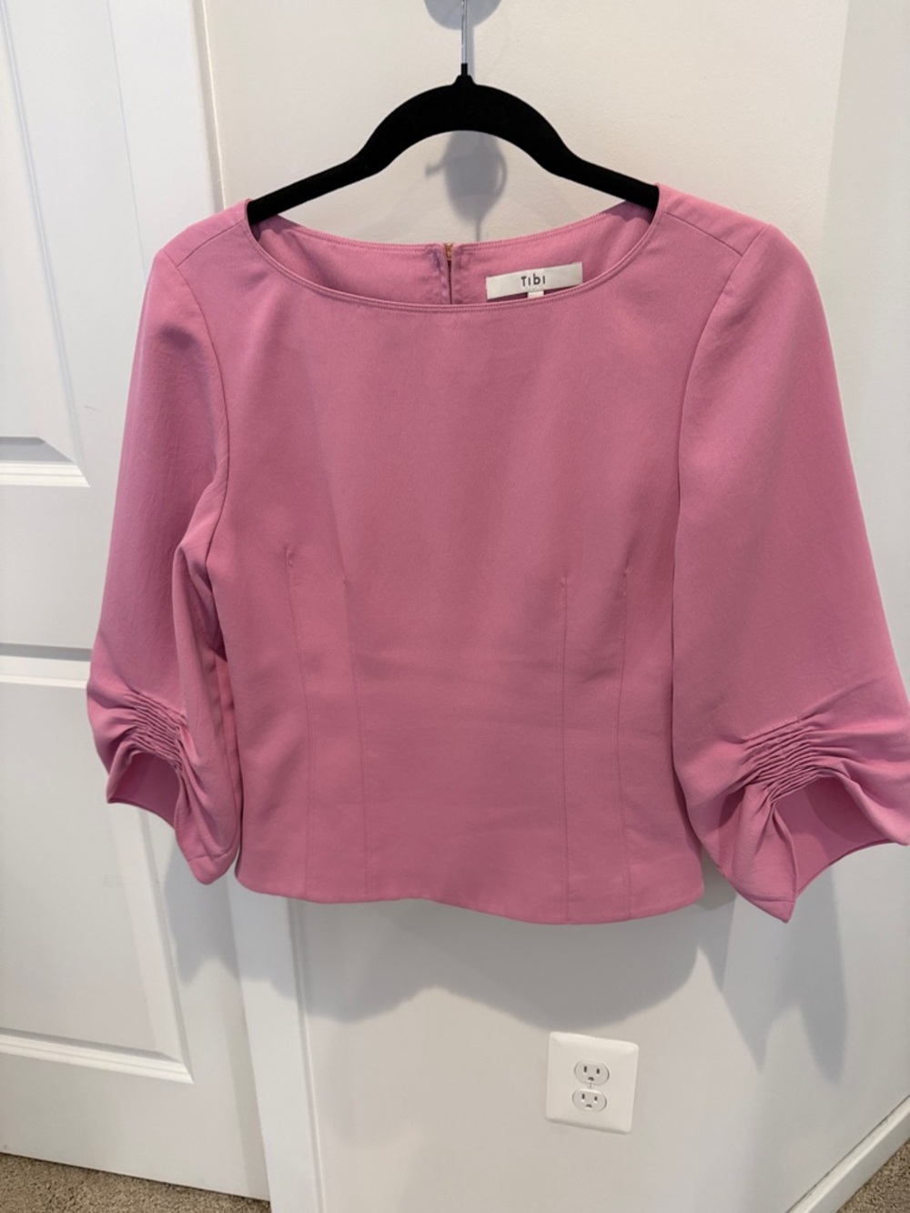 Tibi Pink Ruched-Sleeve Blouse